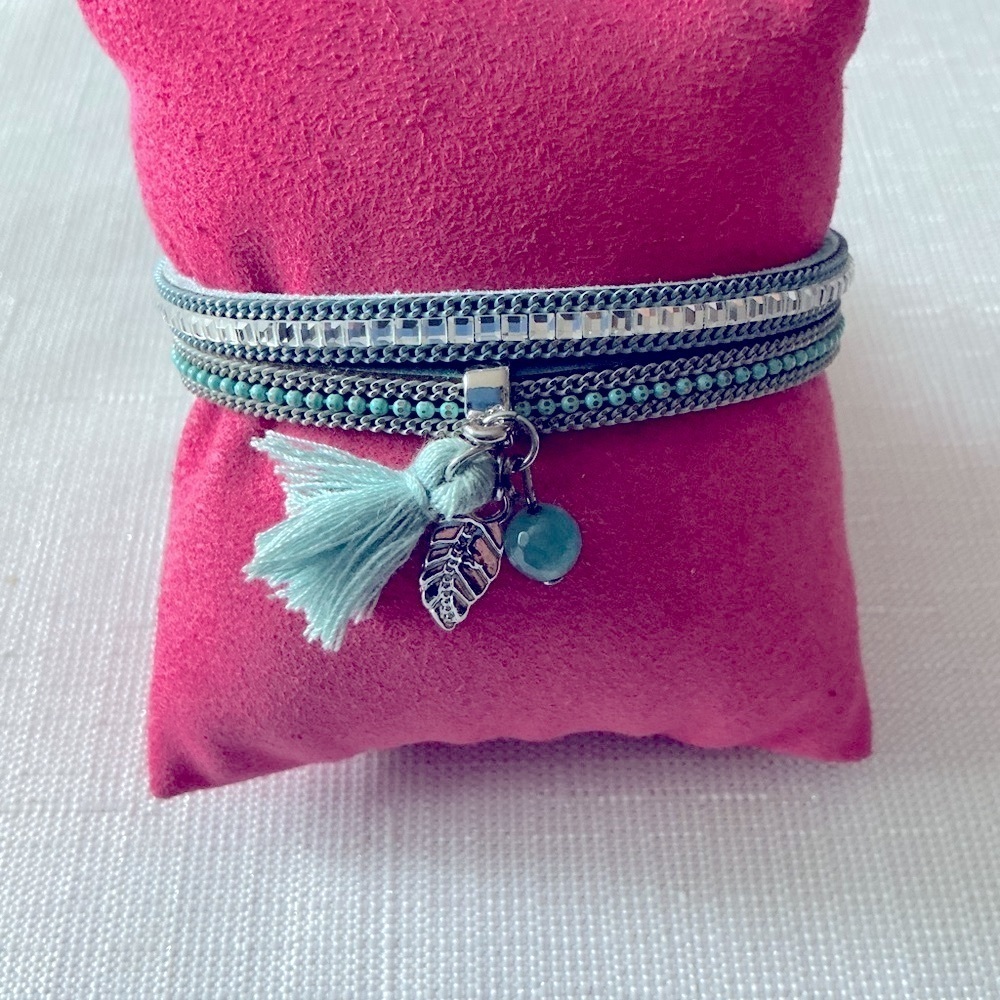 Teal Layered Bracelet with Tassel and a Charm with a Leaf